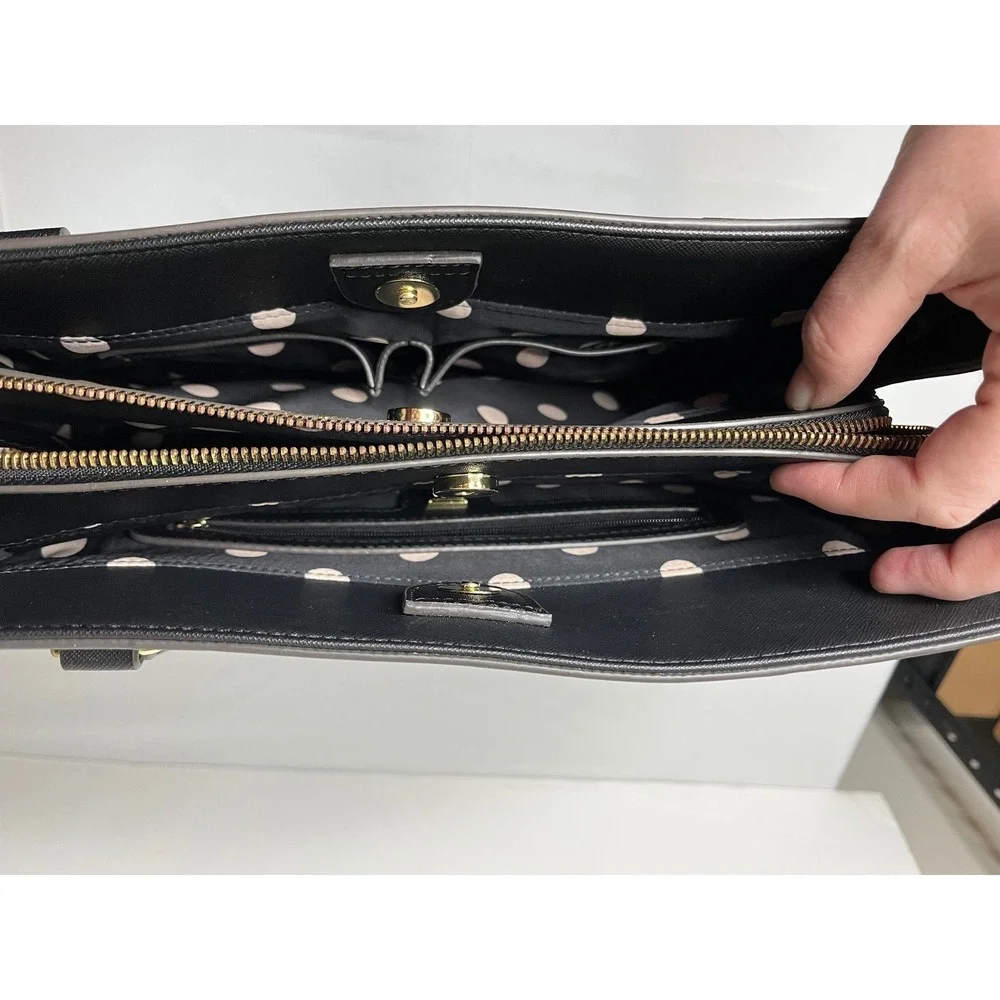 Anne Klein Black Faux Leather Tote Bag Polka Dot Lining Gold HW Satchel Purse